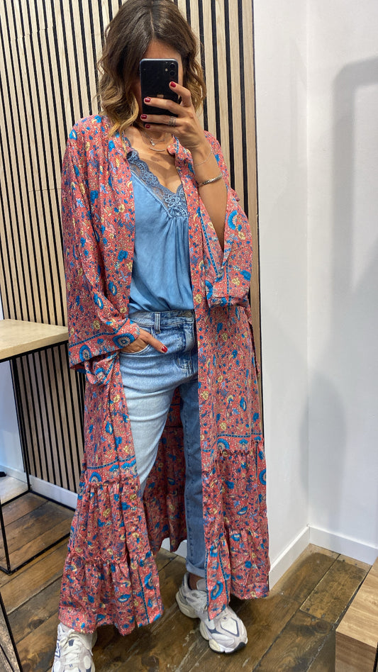 Kimono Lungo Seta - Rosa/Azzurro