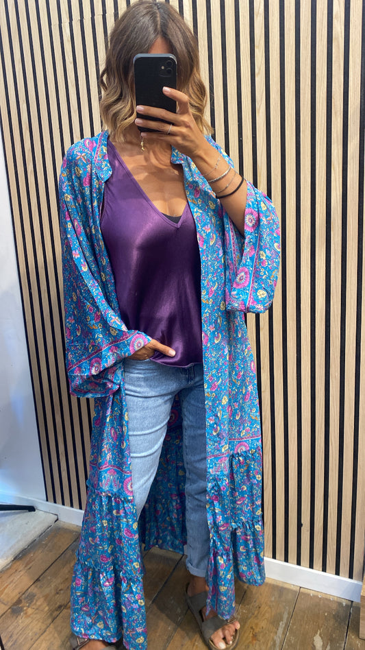 Kimono in seta | Petrolio/Magenta